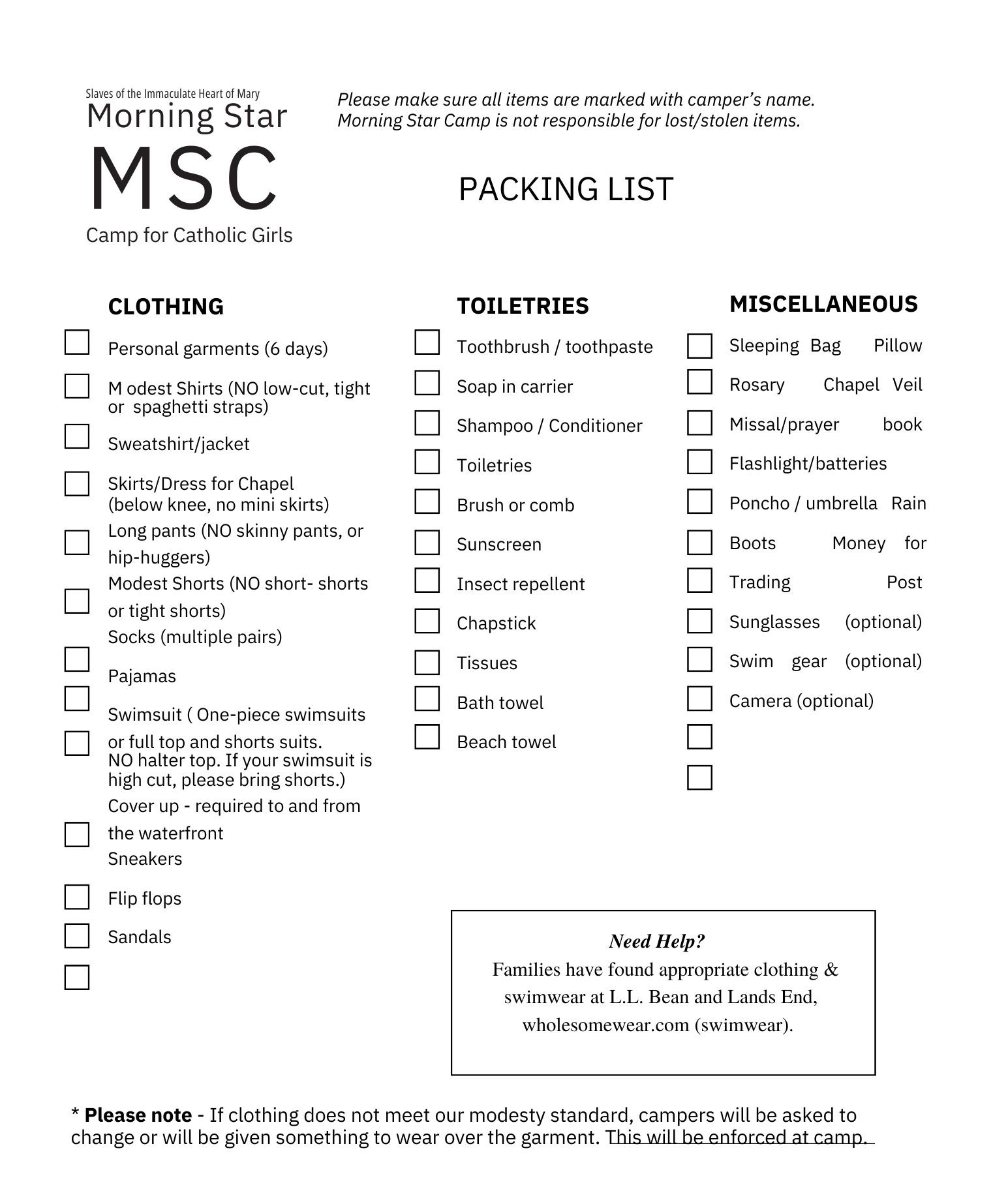 Morning Star Packing List